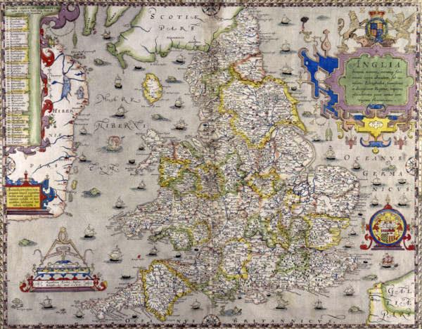 A map of England and Wales, 1583. The various main cities and towns have been numbered and listed