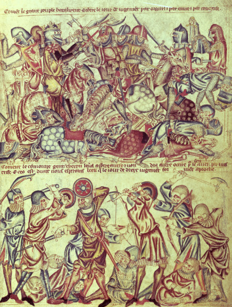 Knights and foot soldiers engaged in battle, c1320-1330. Above; the peers fight each other on