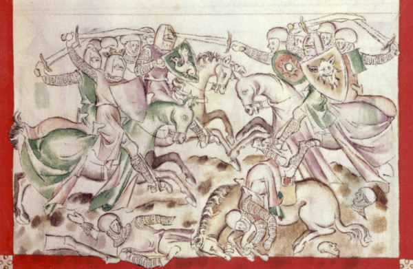 King David's army fights the Philistines, 1310-1320. David, wearing the crown, is on the left.