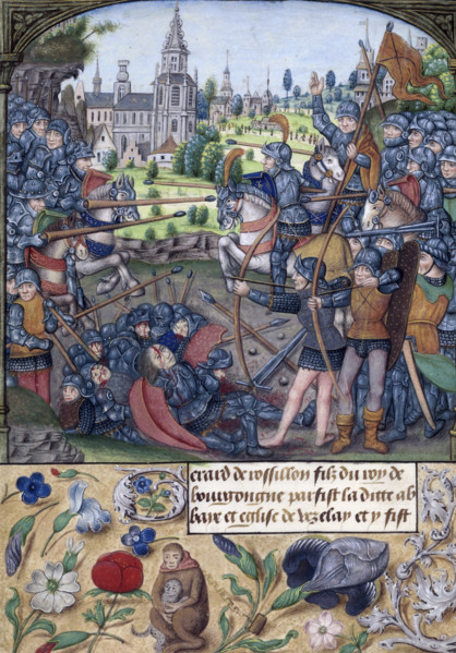 Battle between two armies, 1485-1490. Miniature of a battle. In the centre lie the dead and