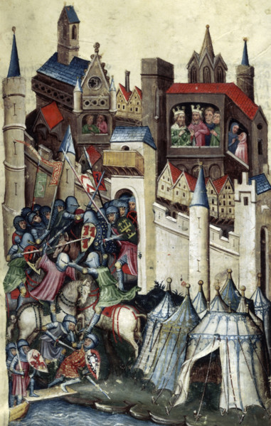 Encampment of the Greeks, and battle outside Troy, 15th century. Royals and their courtiers look on