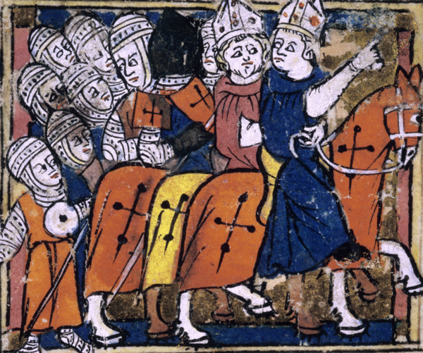 Crusaders in mail armour go to war, early 14th century. Bishops lead soldiers during the invasion