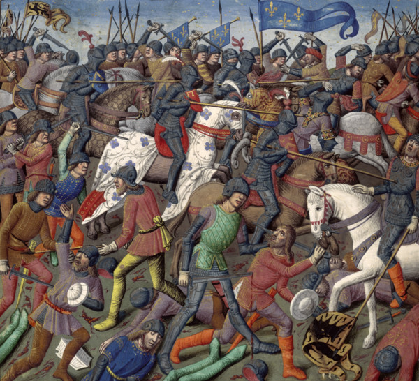 Battle scene, c1470. Soldiers stab each other with swords and run each other through with spears;