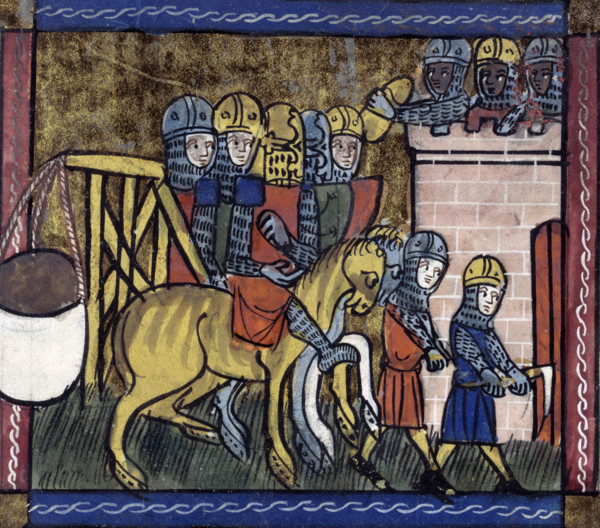 Soldiers with a trebuchet, mid-14th century. A trebuchet was a sort of catapult which was used to