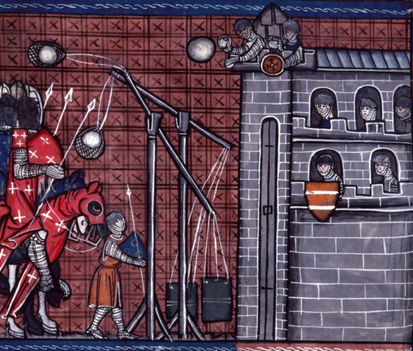 Siege of La Rochelle, c1325-c1350. Trebuchets in action. These were a sort of catapult which were
