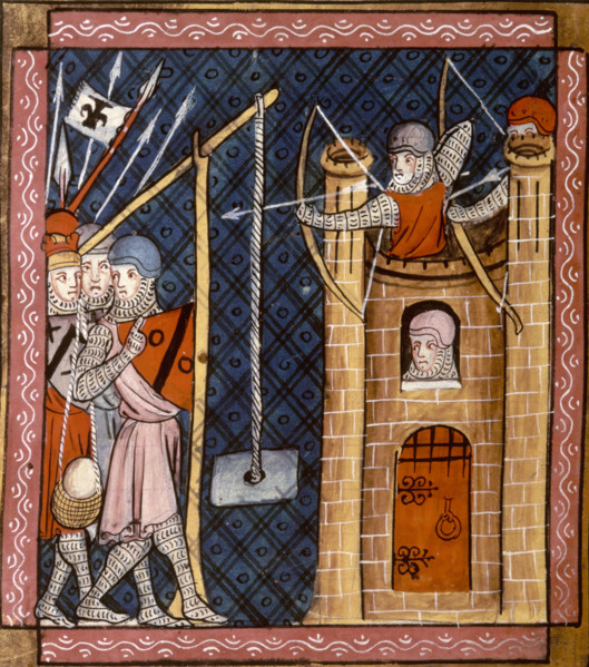 A trebuchet in use at a siege, c1340. A sort of catapult which was used to launch missiles, such as