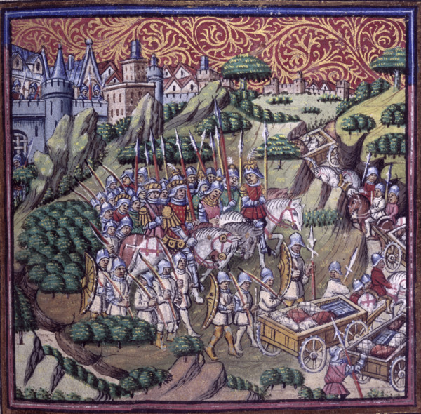 The army of the King of Sicily, riding away from a city, c1500. An army on the move with its