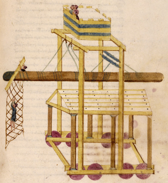 A siege tower, 16th century. A battering-ram is suspended from ropes, with a netted crossbeam to be