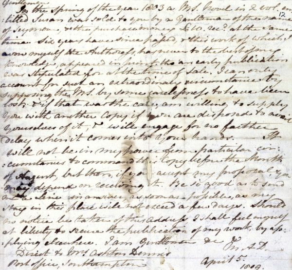 Jane Austen's draft copy of a letter to her publisher, Richard Crosby, 5 April 1809. She wrote to