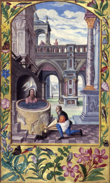 Alchemical process, 1582. Aeson, (with the dove of the Holy Spirit on his head?), is rejuvenated by