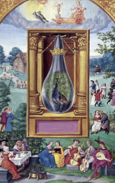 The peacock's tail, 1582. In a crowned alchemical flask between gold columns is a peacock with its
