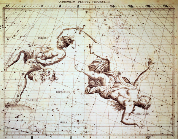 The star constellations Perseus and Andromeda, 1729. Perseus is holding the head of Medusa, the