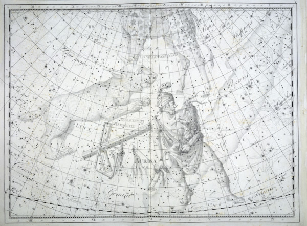 The constellation Auriga, 1801. Auriga is depicted as a charioteer and holding a small goat,