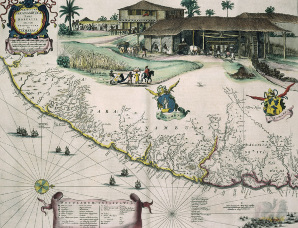Dutch map of Brazil, with view of a sugar plantation, c1720. 'Praefectura Paranambucae Pars