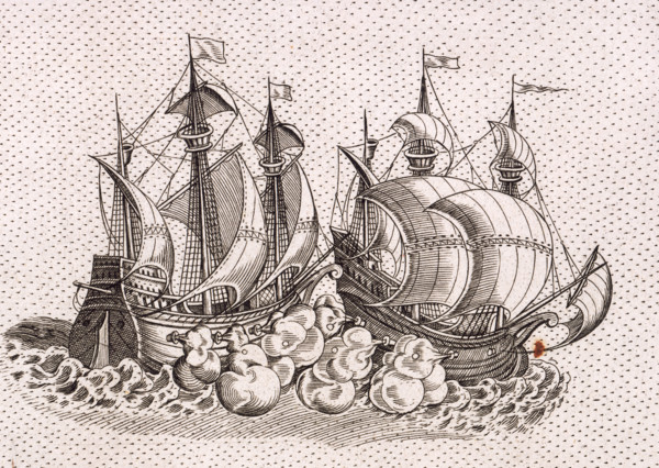 Two warships firing at each other, 1583. A pair of galleons fire broadsides at each other at close