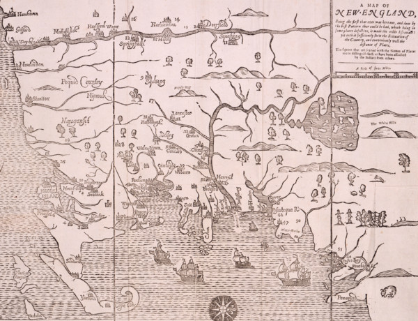 Map of New England, 1677. Self-proclaimed as the first map ever printed in America. 'Being the