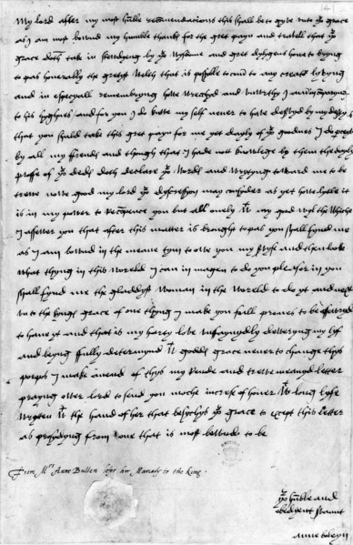 Letter from Anne Boleyn to Cardinal Wolsey, c1528. In the letter, Anne thanks the cardinal for