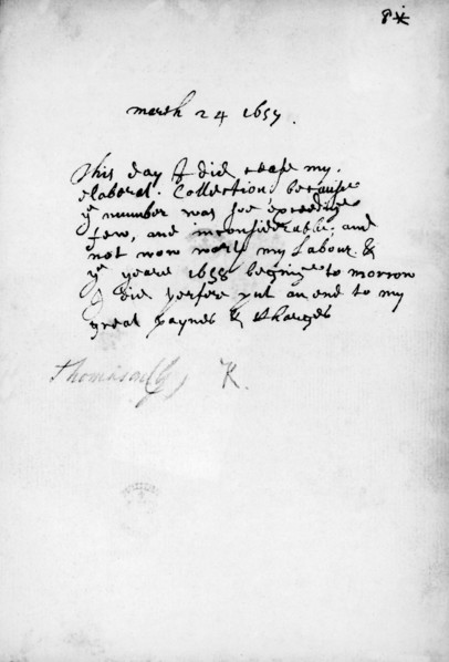 Inscription by Thomason in a volume of Tracts, c1659. From 1640, George Thomason, a bookseller at