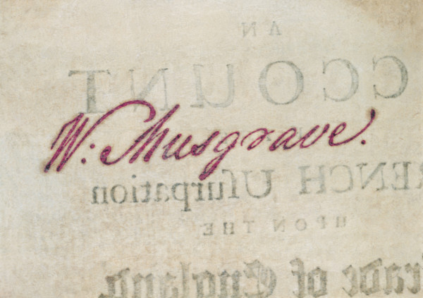Collection stamp of Sir William Musgrave, late 18th century. Musgrave was a collector of books and