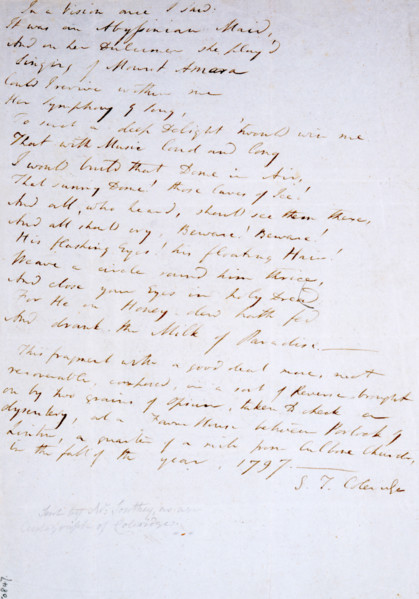 Autograph manuscript of "Kubla Khan", by Samuel Taylor Coleridge, 1797. 'In a Vision once I saw: It