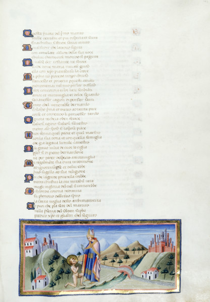 The renunciation of Francis before a bishop, 1444-c1450. The naked saint kneels before a bishop.