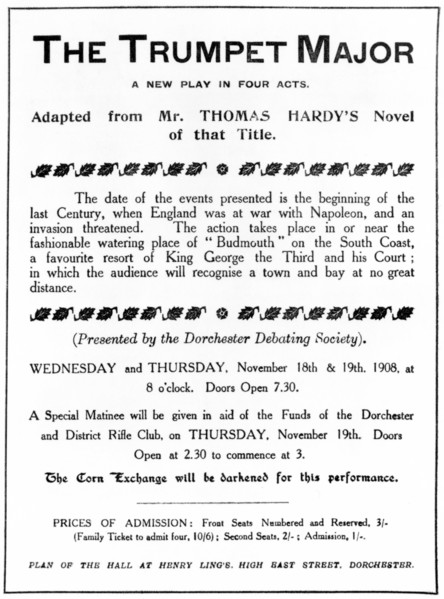 Bill advertising a performance of Thomas Hardy's "The Trumpet Major", 1908. 'A new play in four