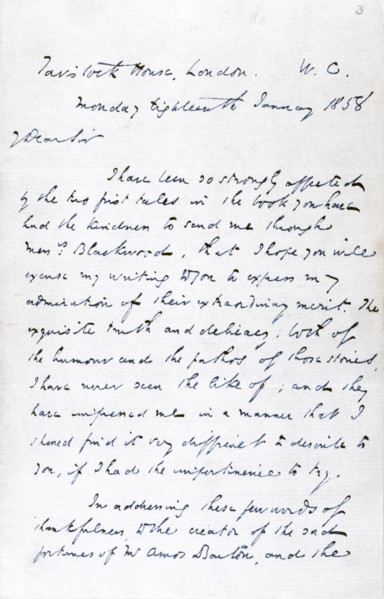 Letter from Charles Dickens to 'George Eliot' (Mary Ann Evans), the novelist, thanking her for a