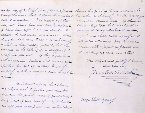 Letter from Charles Dickens to 'George Eliot' (Mary Ann Evans), the novelist, thanking her for a