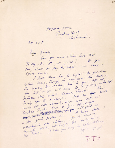 Letter to James Beaumont Strachey from Virginia Woolf, inviting him to dine with her, c1915-c1924.