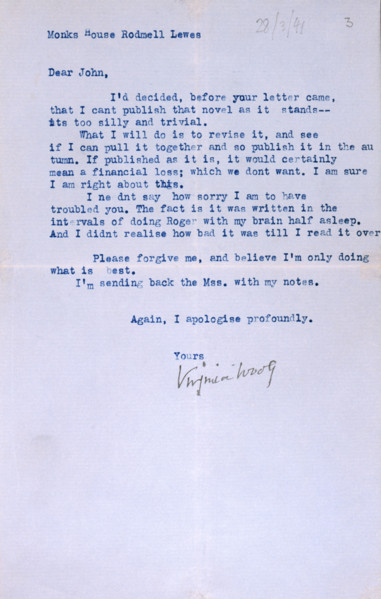 Letter from Virginia Woolf to John Lehmann, her publisher, re her last book, "Between the Acts",
