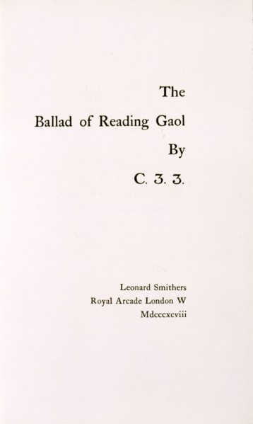 The Ballad of Reading Gaol by C.3.3., 1898. Title page of Oscar Wilde's "The Ballad of Reading