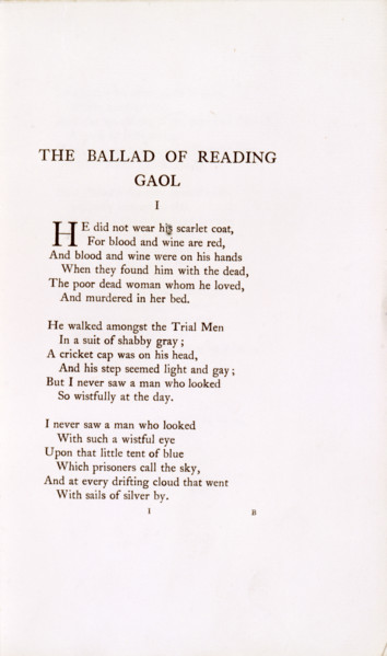 'The Ballad of Reading Gaol', 1898. 'He did not wear his scarlet coat, For blood and wine are red,