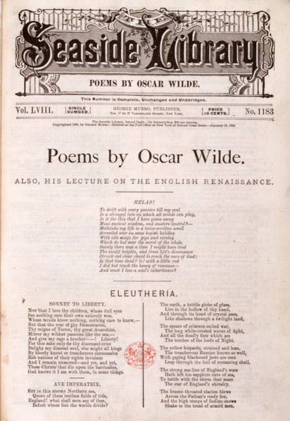 Lecture and poems by Oscar Wilde, 1882. 'To drift with every passion till my soul Is a stringed