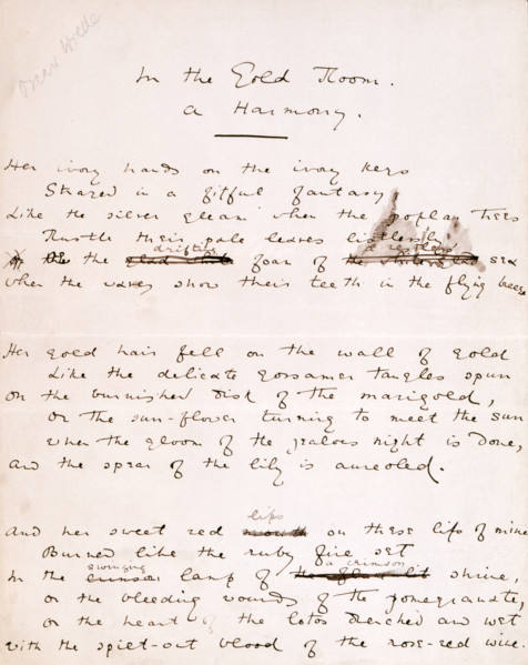 Draft of "In the Gold Room - a Harmony" by Oscar Wilde, 1881. 'Her ivory hands on the ivory keys