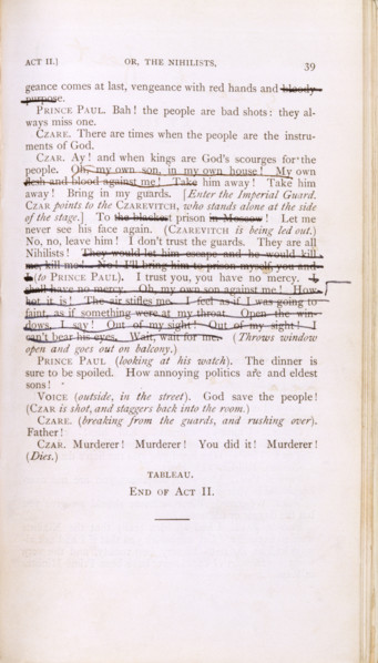 Script of 'Vera, or the Nihilists', c1880. Page of marked text from the play by Oscar Wilde. '...