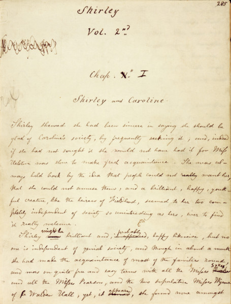 The first page of Volume 2 of the manuscript of "Shirley", c1849. Charlotte Bronte's third novel.