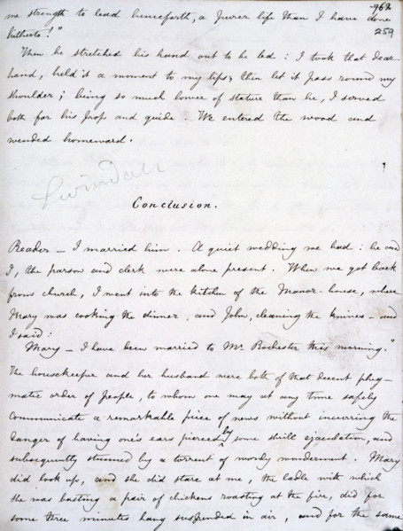 Manuscript of "Jane Eyre", 1846. Jane Eyre's love for Edward Rochester, the two main characters of
