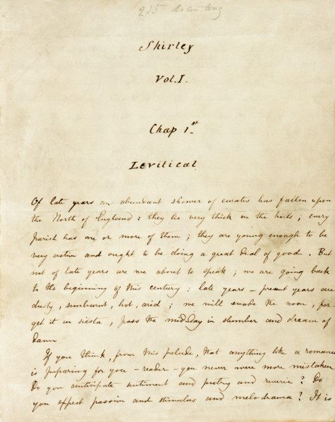 The first page of the manuscript of "Shirley", c1849 . "Shirley" was Charlotte Bronte's third novel
