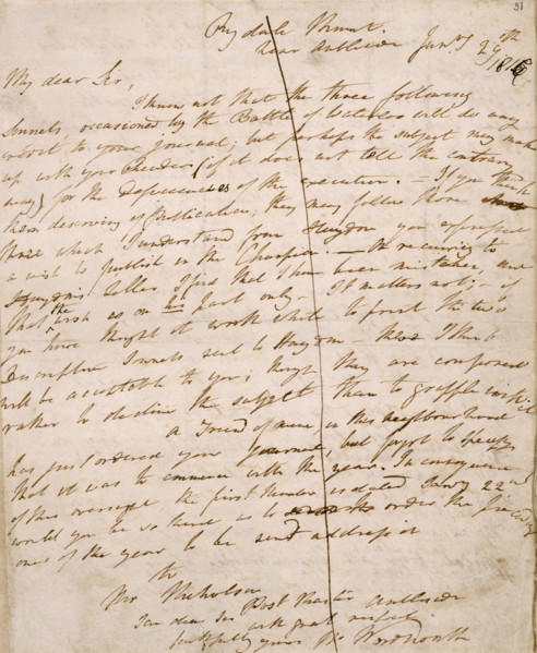 Letter from William Wordsworth to John Scott, editor of "The Champion", with three sonnets on the