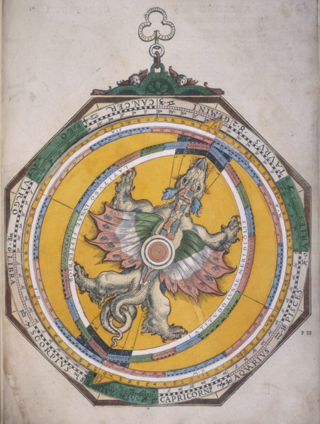 Dragon volvelle, 1540. A volvelle, a movable device for finding the places of the planets within