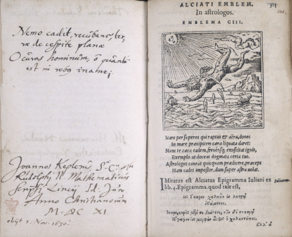 The fall of Icarus, 1573. Icarus has flown too near to the sun, the heat of which has destroyed his