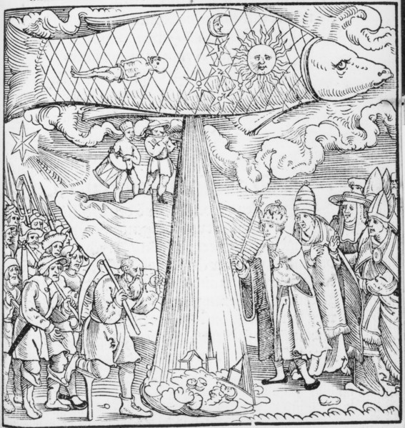 The predicted floods of 1524, (1523). In the sky is a great fish representing Pisces. A flood pours