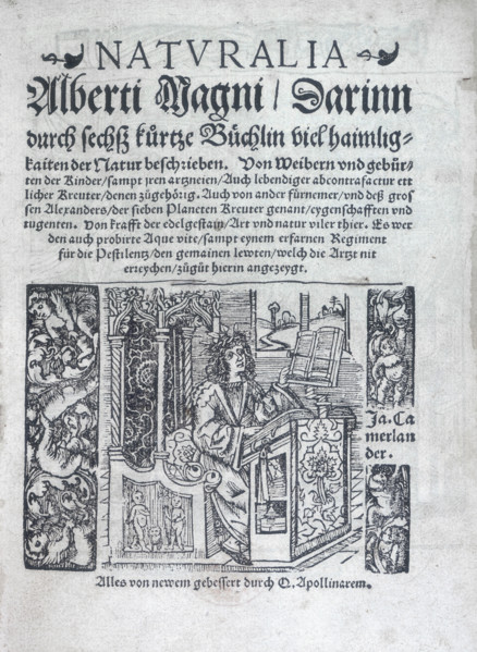 The title page of "Naturalia", 1548. The author Albertus Magnus (1200-1280) sits writing at his