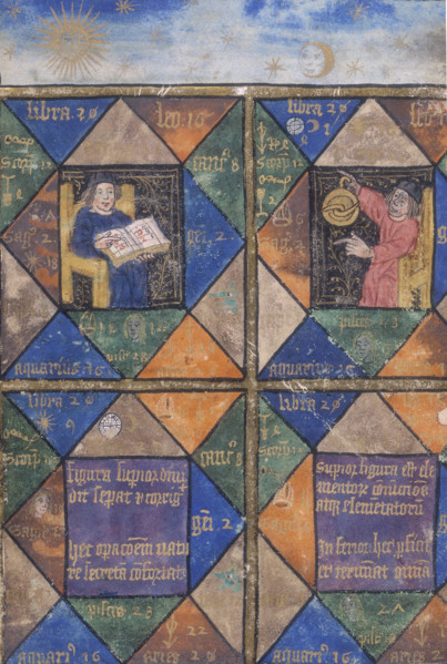 Alchemists at work, 15th century. An alchemist consulting a chart, and conducting an experiment.