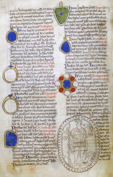 Description of the Jewels of St Albans, c 1250-1254. Text with sketches of gemstones and rings in