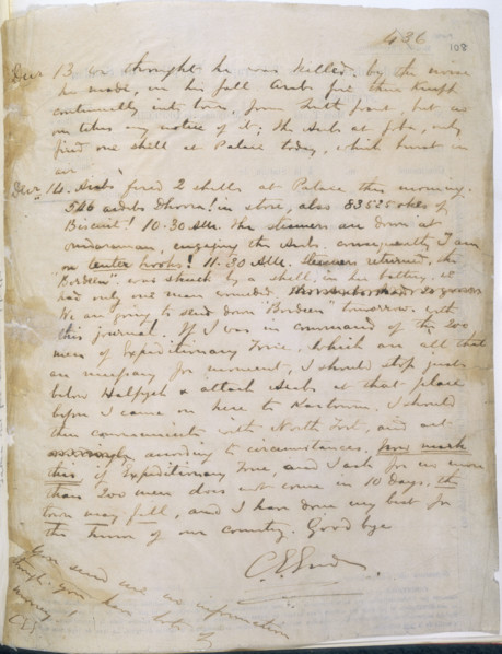 The last page of General Gordon's journal, 1885. Page of a journal of the siege of Khartoum, kept