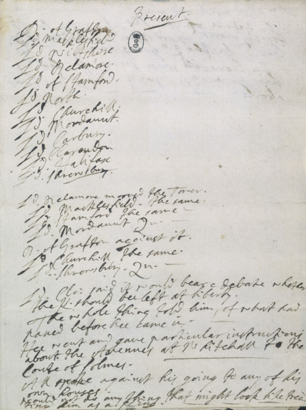 Notes to a meeting about the fate of James II, 1688. Following William of Orange's invasion of