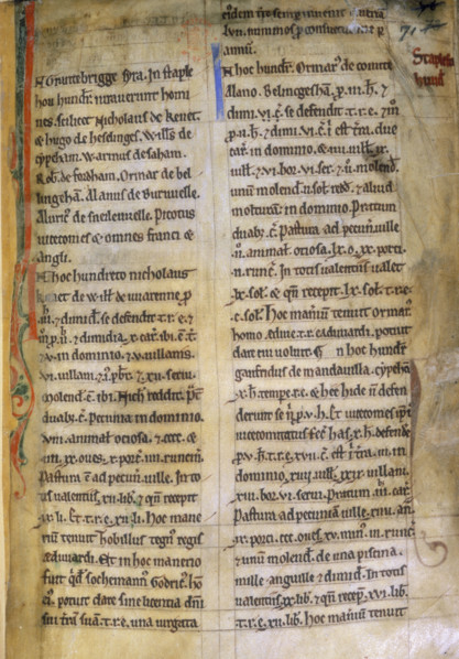 Transcript of notes to the Domesday Book, 12th century. Later transcript of the 'Inquest of the