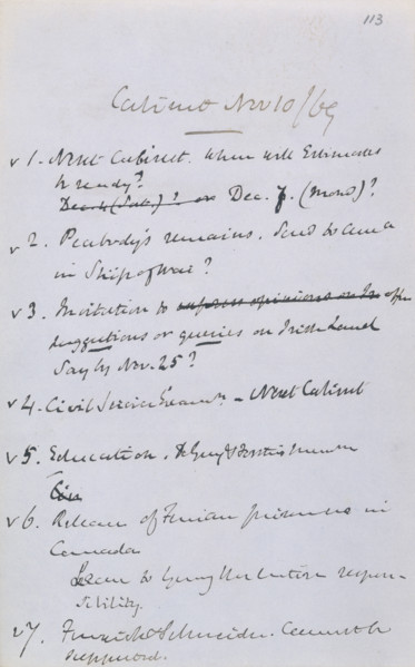 Gladstone's notes from a cabinet meeting, 1869. Before 1916 there were no formal agendas for