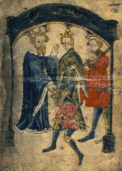 Gawain's return to court, c1375-1400. Sir Gawain presents himself to Arthur and Guinevere. From Sir